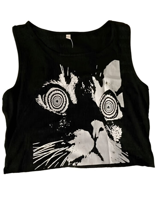 Trippy Cat Print Crop Top Women's Streetwear