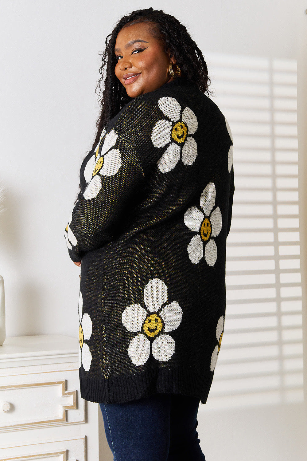 Smiley Face Daisy Print Longline Cardigan