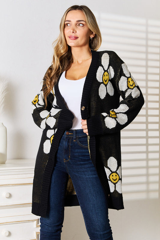 Smiley Face Daisy Print Longline Cardigan