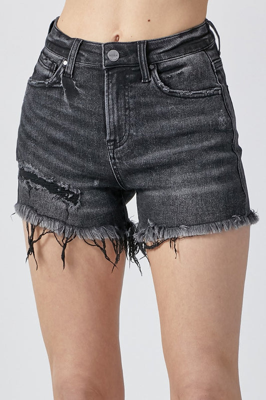 RISEN Black Acid Wash Distressed Denim Shorts